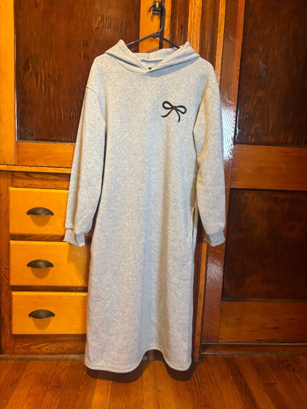 Gray Hooded Sweatshirt Dress w/ Black Ribbon Bow Graphic on Left Chest Size XL